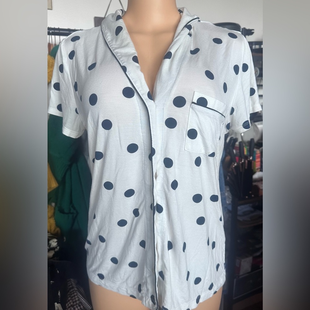 White Polka Dot Button-Up Pajama Shirt